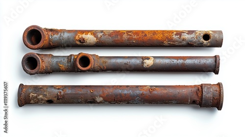 Very old rusty pieces of drainage pipes on a white background, isolated
