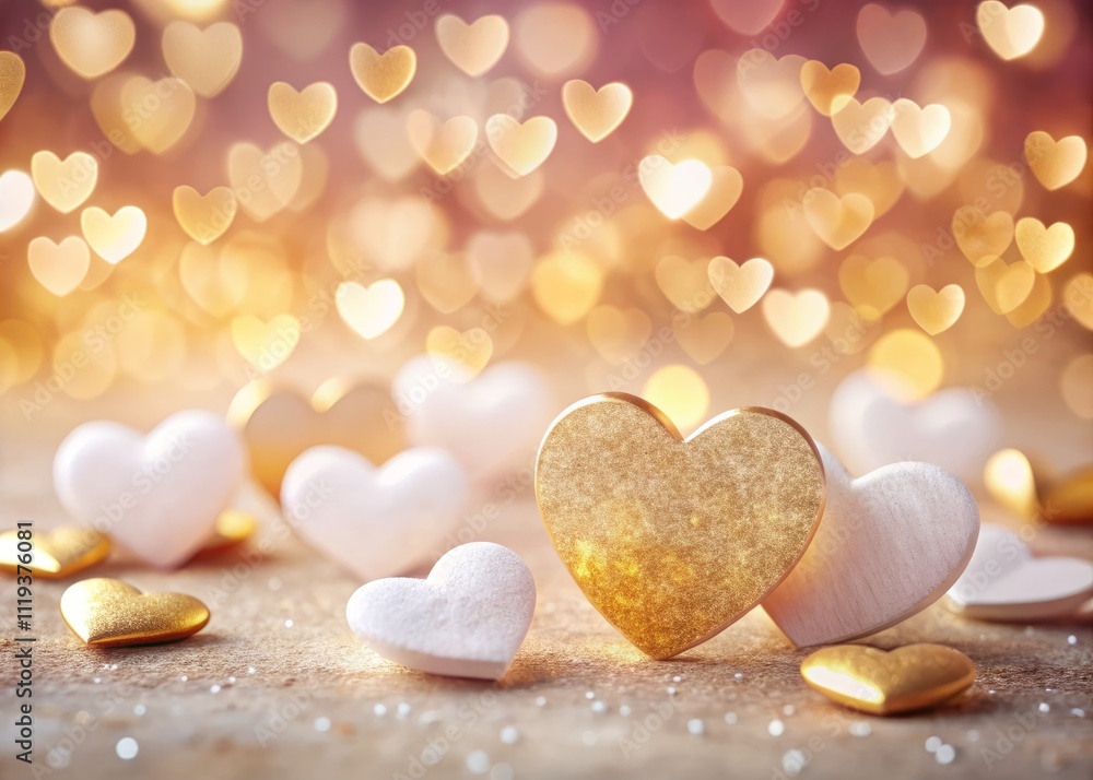 Obraz premium Romantic Background Featuring Golden and White Hearts on a Soft Pink and White Textured Surface for Love-Themed Designs and Celebrations