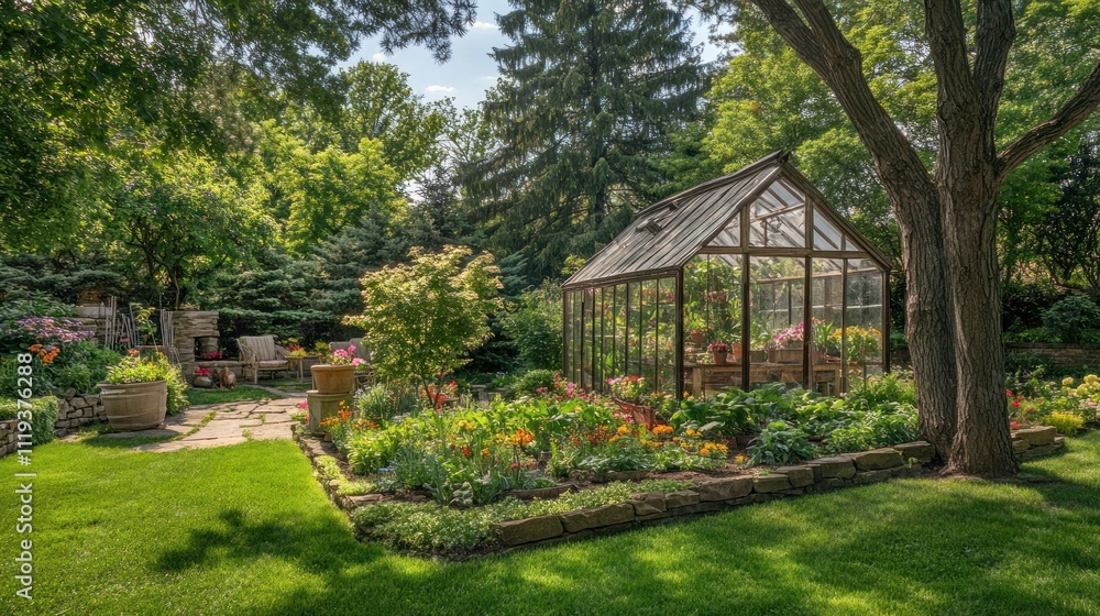Obraz premium Sunlit garden with greenhouse, flowers, and stone pathway.