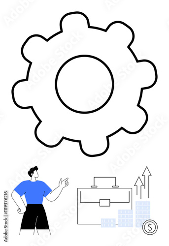 Gear icon above a businessman pointing upwards, briefcase, rising graph, buildings, and coin suggesting productivity, finance, goal achievement. Ideal for productivity apps, business finance photo