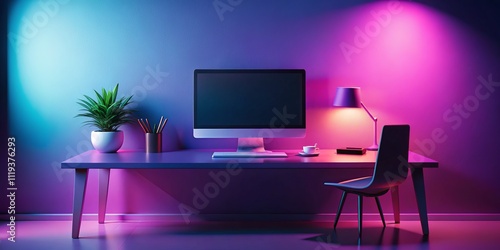 Serene Empty Office Desk with a Modern Touch Set Against a Vibrant Purple and Pink Gradient Background to Inspire Creativity and Productivity in Workspaces