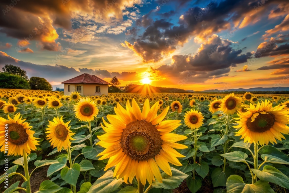 Obraz premium Serene Sunset Over a Lush Sunflower Field with Architectural Elements in the Background, Capturing Nature's Beauty and Man-Made Structures in Perfect Harmony