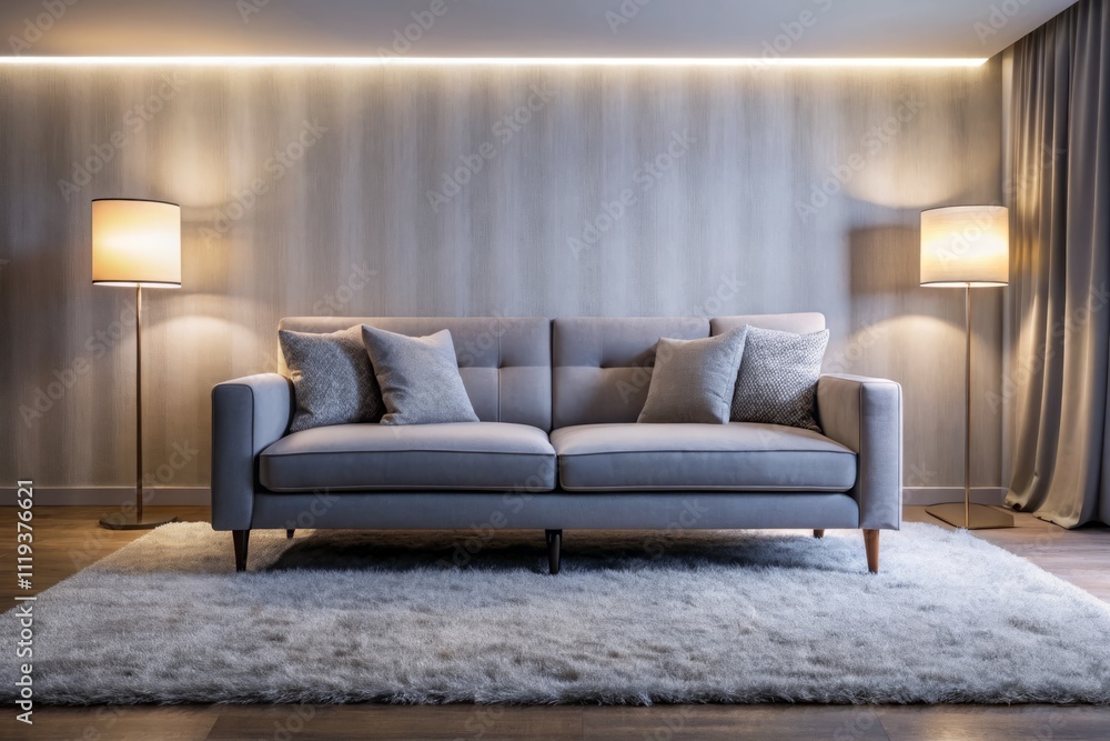 Sleek and Stylish Night Photography of a Grey Sofa on a Carpet, Isolated on a White Background for Modern Interior Design Inspiration Sleek and Stylish Night Photography of a Grey Sofa on a Carpet, Isolated on a White Background for Modern Interior Design Inspiration