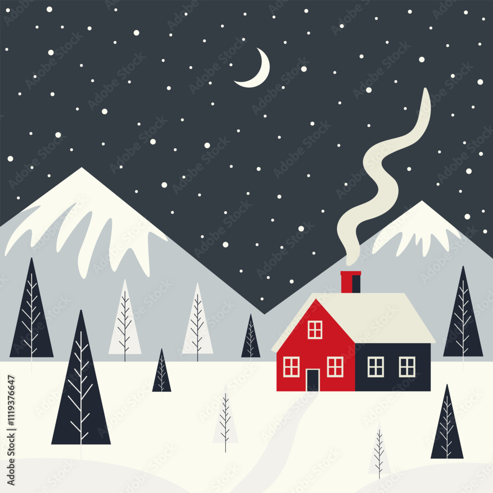 House in the forest in the mountains. Winter landscape. Vector flat illustration House in the forest in the mountains. Winter landscape. Vector flat illustration