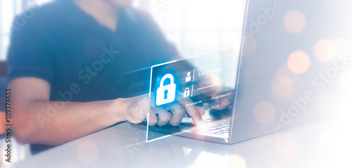 Cybersecurity and privacy concepts. Lock icon and internet network security technology. Businessmen protecting personal data on laptop and virtual interfaces.