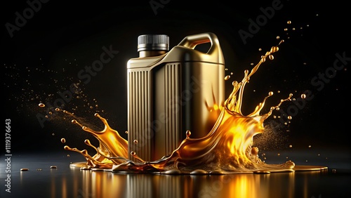 Stunning Architectural Photography of an Original Engine Oil Canister with Liquid Gold Splashing Around on a Dramatic Black Background photo