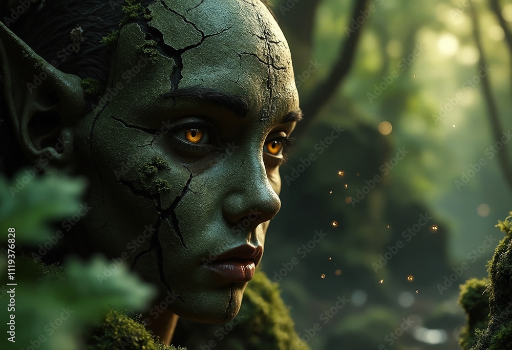 Obraz premium Dark gothic art, ancient being emerging from stone, moss-covered features