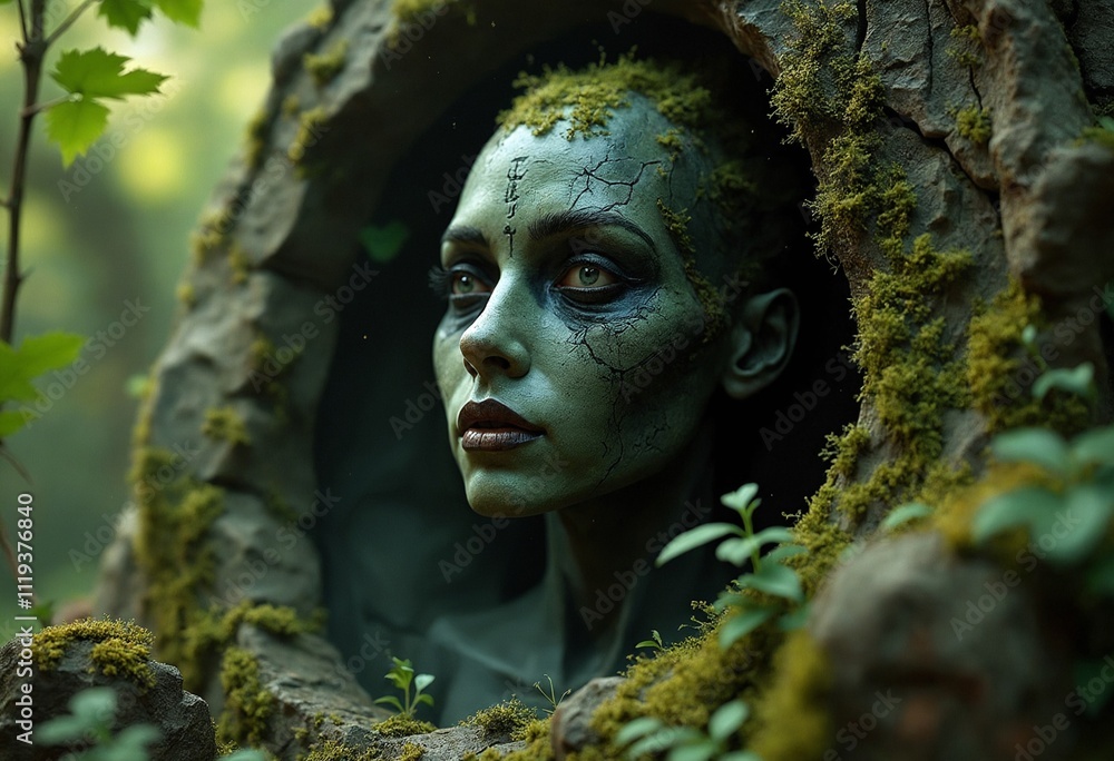Obraz premium Dark gothic art, ancient being emerging from stone, moss-covered features