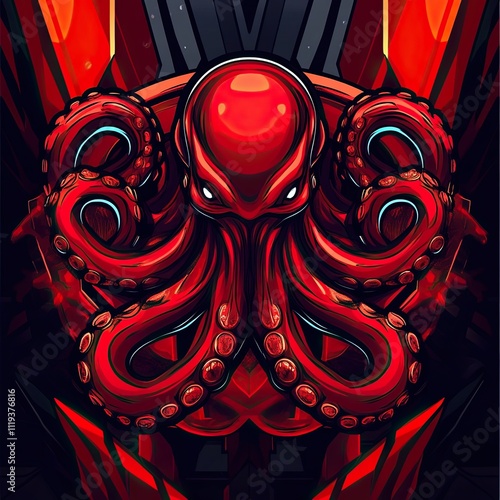 Crimson Kraken: A Digital Art Masterpiece of an Octopus in Fiery Red Hues photo