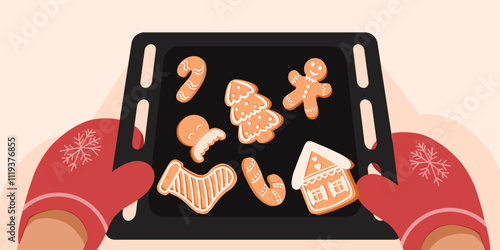 Hands holding gingerbread on baking tray. Cute ginger bread man, tree, candy cane, socks deer with sugar glaze. Xmas illustration for cooking master class invitation, workshop or tutorial anouncement