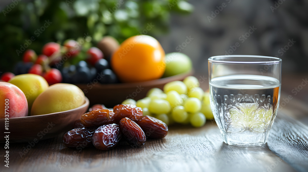 A fresh assortment of fruits and dates beside a glass of water on a wooden table. A fresh assortment of fruits and dates beside a glass of water on a wooden table.