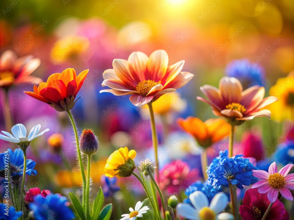 Vibrant Close-Up of Colorful April Wildflowers in Bloom Showcasing Nature's Beauty with Tilt-Shift Photography Techniques for Enhanced Depth and Detail Vibrant Close-Up of Colorful April Wildflowers in Bloom Showcasing Nature's Beauty with Tilt-Shift Photography Techniques for Enhanced Depth and Detail