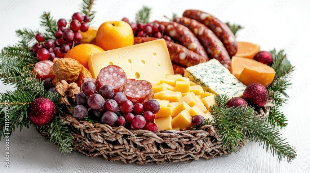 A beautifully arranged basket of cheese, sausage, and fruit on a white background. The scene is styled as Christmas-themed food photography, with soft A beautifully arranged basket of cheese, sausage, and fruit on a white background. The scene is styled as Christmas-themed food photography, with soft
