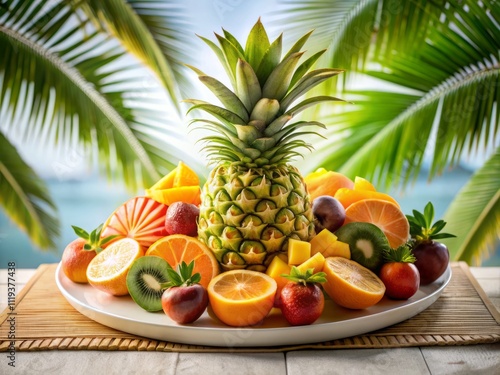 Vibrant Silhouette of a Stunning Fruit Platter Featuring Pineapple, Apple, Orange, Kiwi, and More, Set Against a Tropical Background on a White Surface for Freshness and Health Appeal