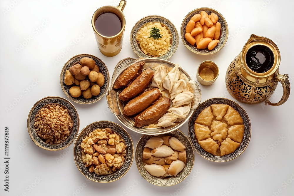 A traditional assortment of Middle Eastern sweets and snacks arranged on decorative plates. A traditional assortment of Middle Eastern sweets and snacks arranged on decorative plates.