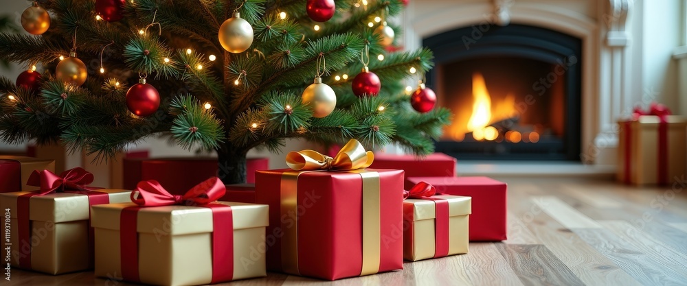 Classic Christmas Tree Adorned with Gold and Red Ornaments Surrounded by Wrapped Gifts. Classic Christmas Tree Adorned with Gold and Red Ornaments Surrounded by Wrapped Gifts.
