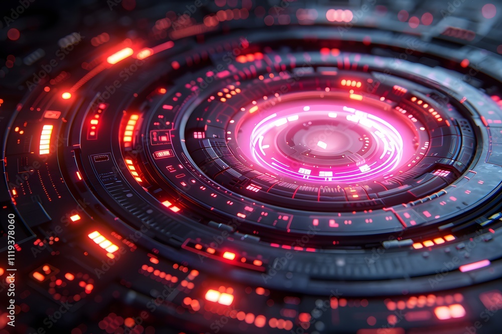 Futuristic Digital Interface with Glowing Red and Pink Circular Patterns for Technology Design Futuristic Digital Interface with Glowing Red and Pink Circular Patterns for Technology Design