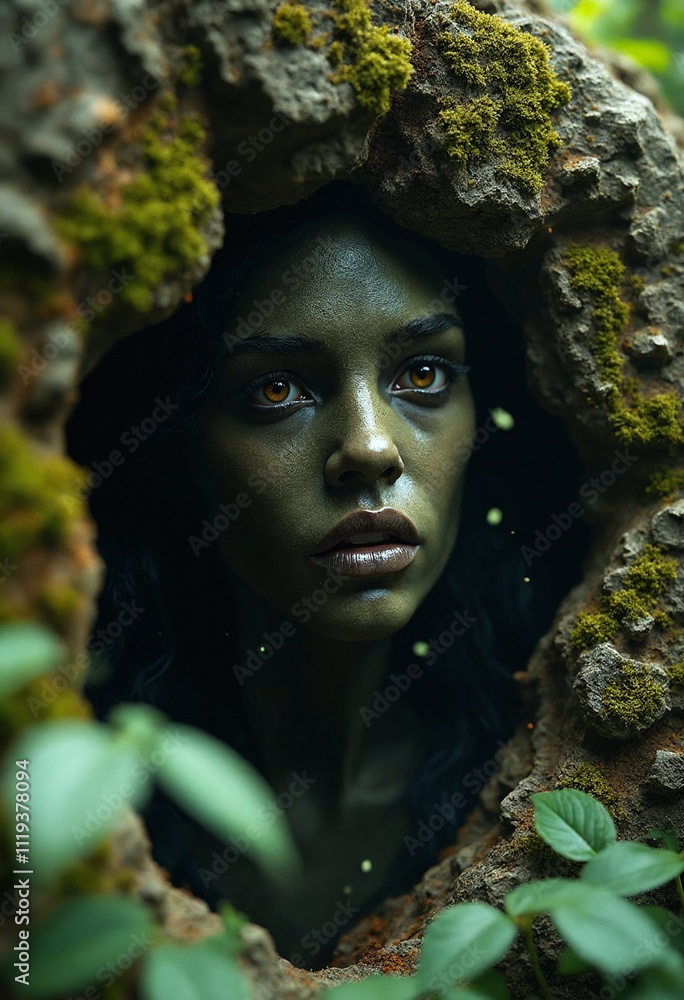 Dark gothic art, ancient being emerging from stone, moss-covered features Dark gothic art, ancient being emerging from stone, moss-covered features