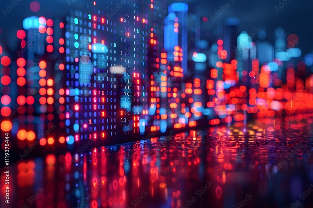Futuristic Cityscape with Digital Binary Code Reflections at Night Futuristic Cityscape with Digital Binary Code Reflections at Night