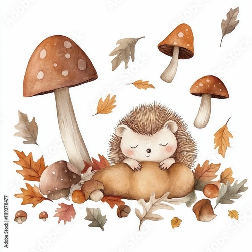 Adorable baby hedgehog nestled in a cozy bed of fallen autumn leaves and mushrooms  surrounded by a whimsical watercolor style filled with nature s textures and tones photo