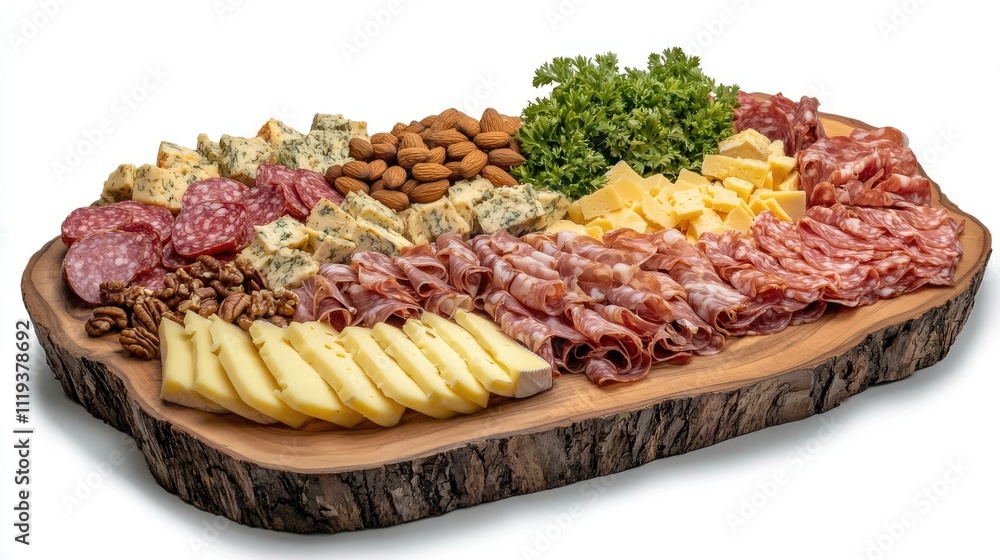 A celebration charcuterie board with premium meats, cheeses, and nuts on a wooden platter A celebration charcuterie board with premium meats, cheeses, and nuts on a wooden platter