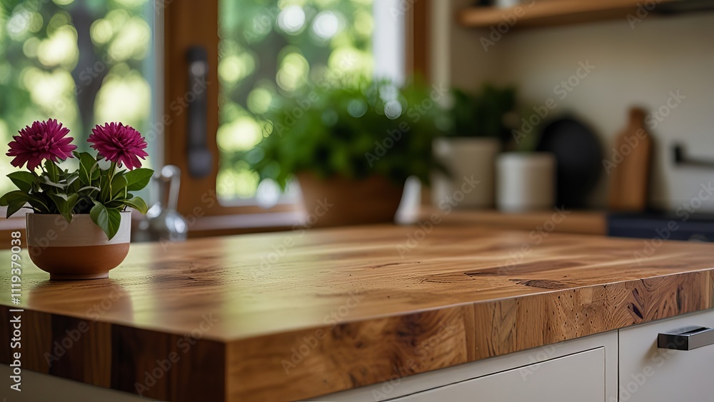 A peaceful kitchen scene featuring a wooden countertop adorned with vibrant flowers, creating a warm and inviting atmosphere. A peaceful kitchen scene featuring a wooden countertop adorned with vibrant flowers, creating a warm and inviting atmosphere.