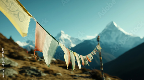 Dancing prayer flags in the wind scenic and peaceful nature