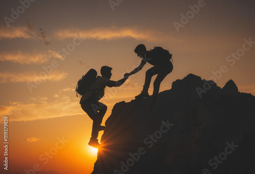 Friend helping friend climb mountain, silhouette at sunset