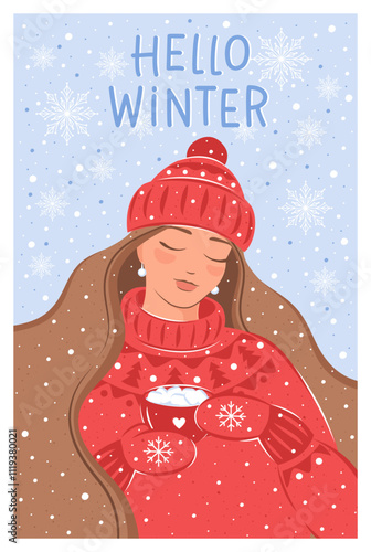 Woman with a mug of hot cocoa or coffee under snowfall. New Year's card with the text hello Winter. Beautiful girl in winterred sweater made. Vector illustration for banner, holiday cover, marketing.