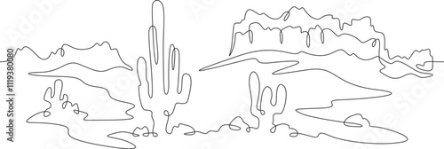 Continuous one line drawing cacti in the desert. Desert rocky landscape. Arizona. Rocks and mountains. One continuous line isolated minimal illustration.Not AI.