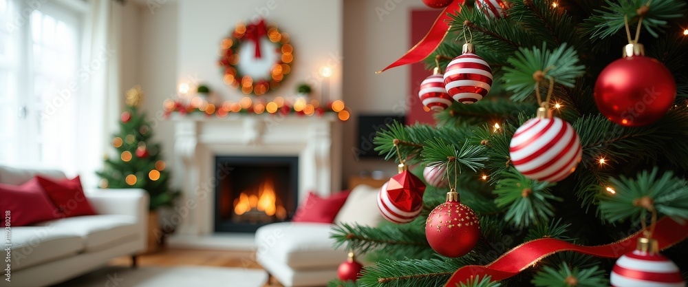 Whimsical Christmas Tree with Candy Cane Ornaments and Red Ribbons in a Bright Living Room. Whimsical Christmas Tree with Candy Cane Ornaments and Red Ribbons in a Bright Living Room.