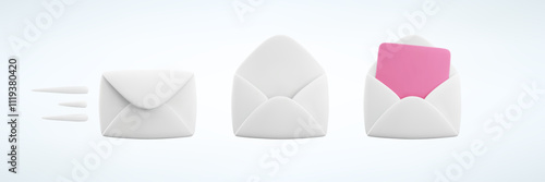 Vector cartoon 3d white envelope icon set. Realistic 3d render closed, open letter symbol. New message notification, newsletter subscriptions, email services cute design element for social media, app.