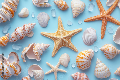 vibrant collection of seashells and starfish on blue background, showcasing various shapes and textures. Perfect for beach themed designs and decor photo