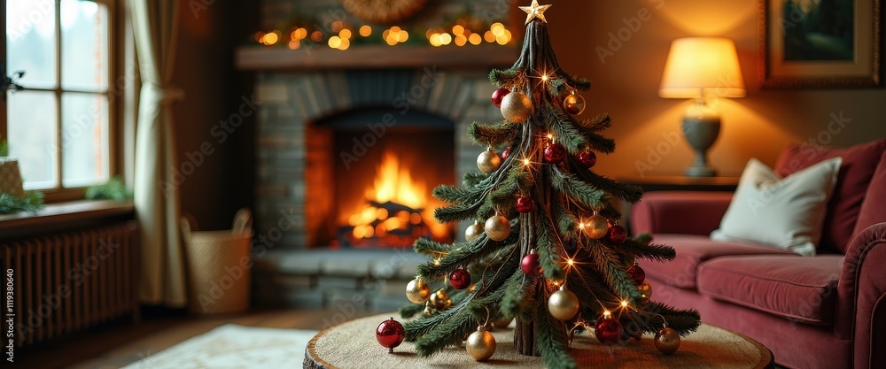 Creative DIY Christmas Tree Made of Wooden Branches with Rustic Ornaments and Warm Lighting. Creative DIY Christmas Tree Made of Wooden Branches with Rustic Ornaments and Warm Lighting.