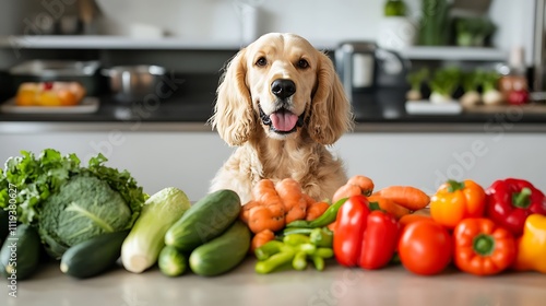 Playful Golden Retriever Surrounded by Fresh Fruits and Vegetables in Modern Kitchen Setting, Showcasing Healthy Food Choices and Pet Companionship