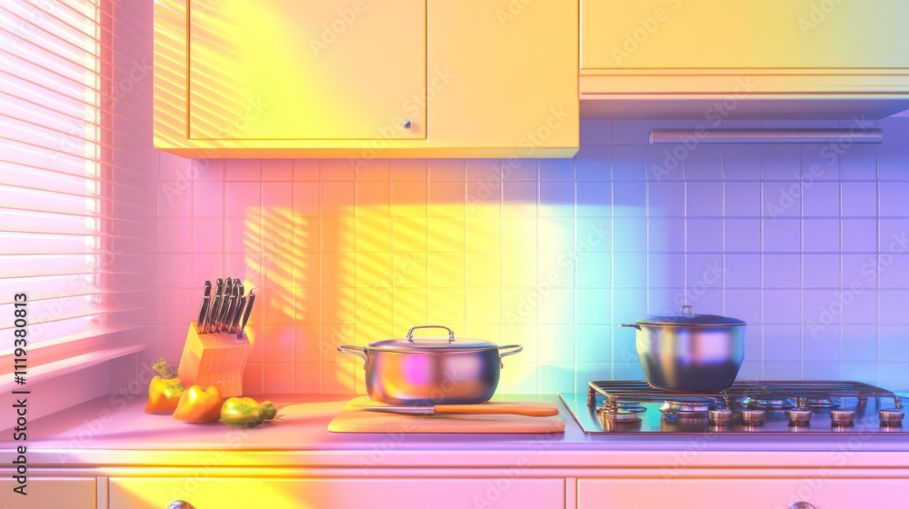 colorful kitchen scene with pots, vegetables, and sunlight casting vibrant shadows colorful kitchen scene with pots, vegetables, and sunlight casting vibrant shadows