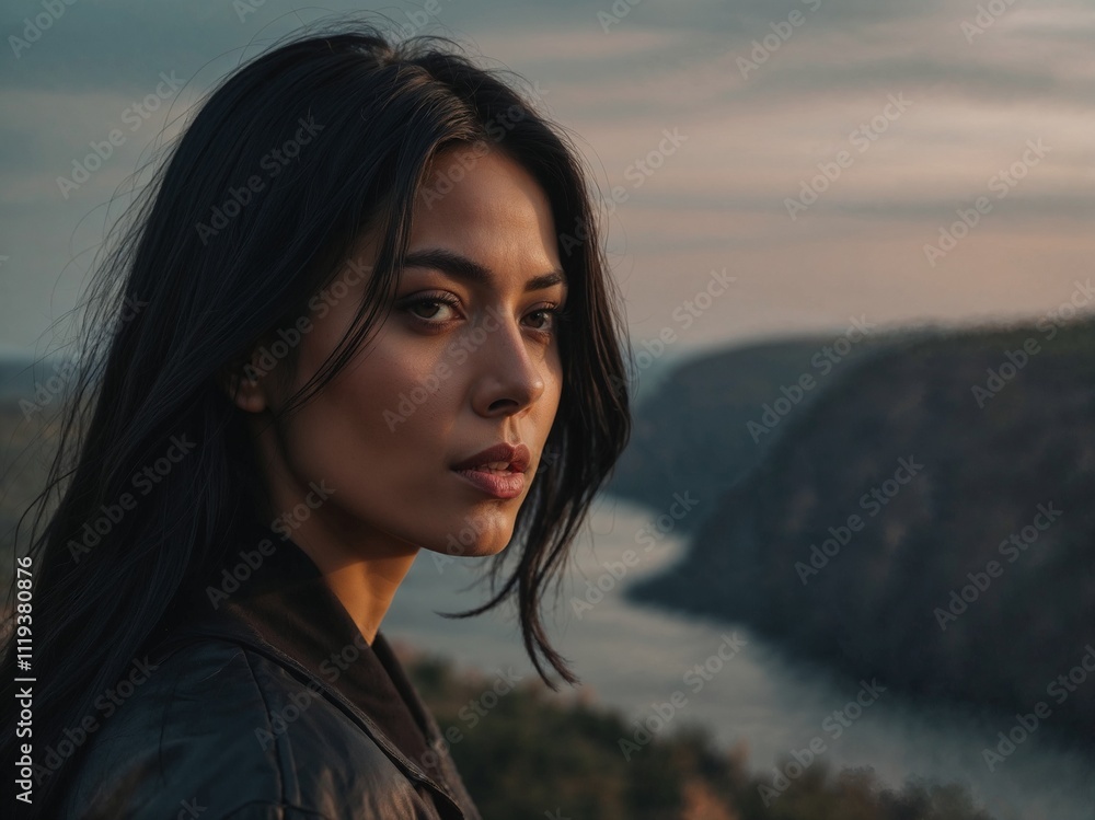 Serene portrait of a woman with dark hair overlooking a scenic river valley Serene portrait of a woman with dark hair overlooking a scenic river valley