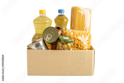 Foodstuffs in donation box isolated on white background with clipping path for volunteer to help people.