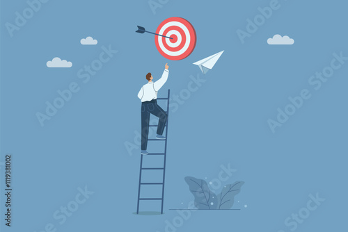 Ladder to success, Businessman climbs high ladder to reach goal, Inspiration and ambition to achieve success, Setting career success goals, Flat vector design illustration.