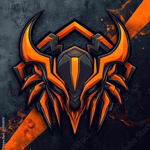 Fierce Orange and Black Cybernetic Beast Emblem Design, Futuristic Warrior Logo,  Digital Art Illustration photo