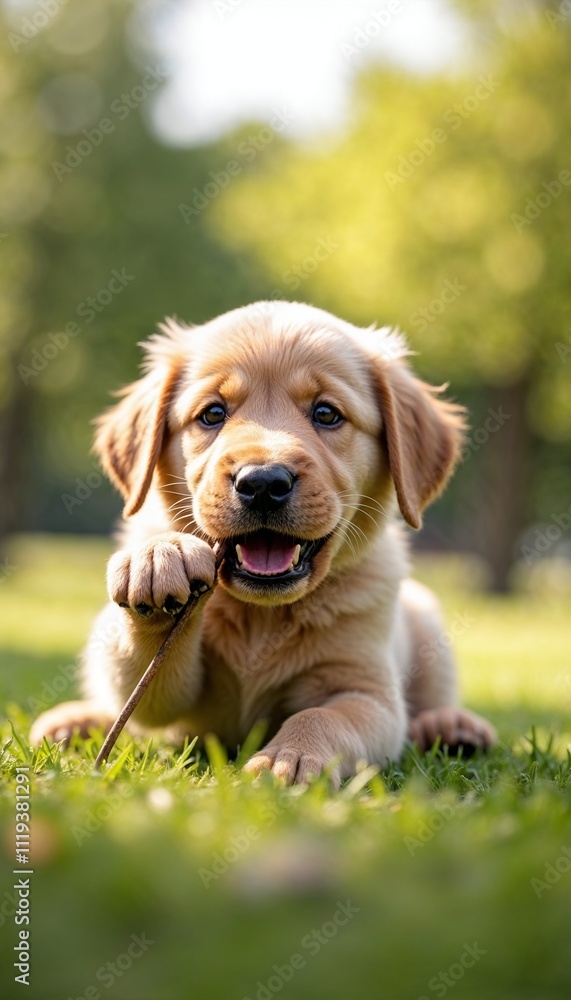 Playful Labrador puppy chewing on a stick in bright sunlight with a blurred green park background Playful Labrador puppy chewing on a stick in bright sunlight with a blurred green park background