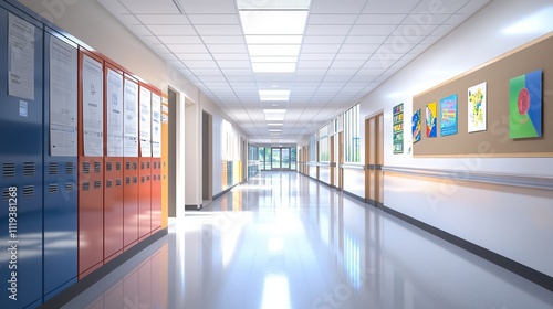 A bright school hallway lined with colorful lockers