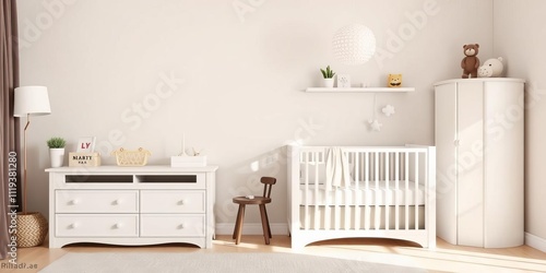 Modern baby room interior with a white crib and matching chest of drawers, decorated with neutral tones and playful accents, interior, decor photo