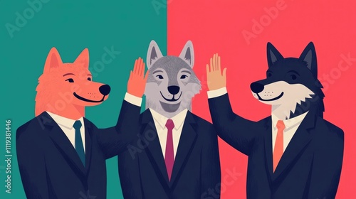 A team of animated wolf characters in professional business suits celebrating and high fiving after completing a successful corporate project or achievement together in a workplace environment photo