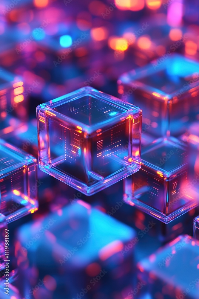 Neon-lit futuristic cubes glowing in vibrant pink and blue hues. Neon-lit futuristic cubes glowing in vibrant pink and blue hues.