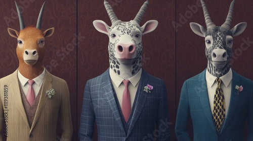 Stylized Cartoon Animal Figures Wearing Tailored Suits Ties and Business Themed Outfits Presented in an Animated Corporate Advertisement or Marketing Campaign Concept