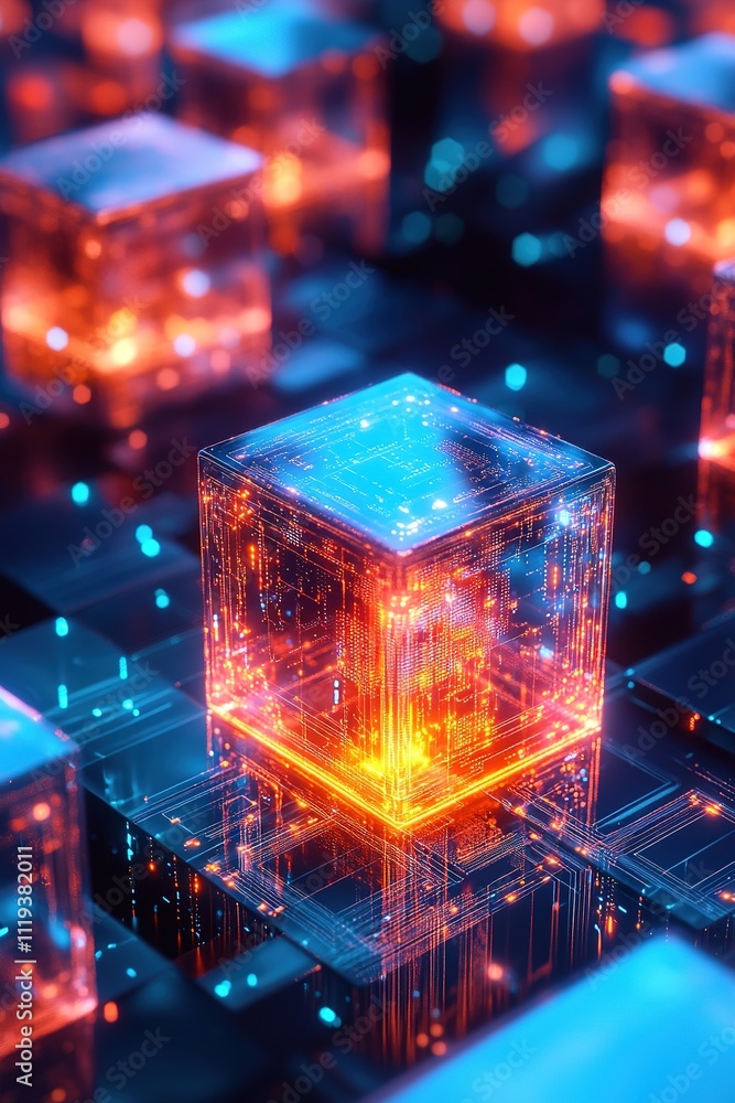 Glowing blue and red cube on futuristic circuitry Glowing blue and red cube on futuristic circuitry