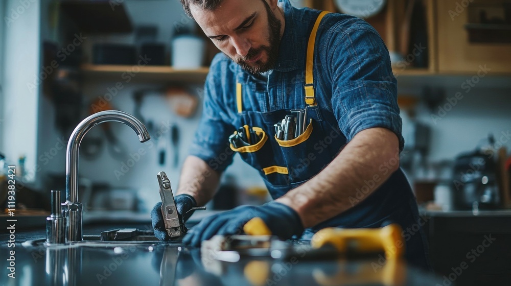 Handyman fixing a leaky faucet with tools spread out on the countertop. Handyman fixing a leaky faucet with tools spread out on the countertop.