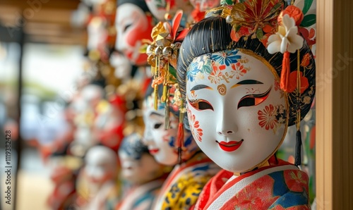 Peking Opera.Traditional Chinese opera masks  adorned with floral patterns and golden crowns.  cultural articles, travel  about China,  traditional Asian craftsmanship  photo