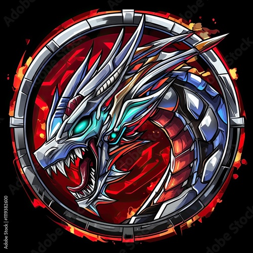 Fiery Mechanical Dragon Emblem: A Cybernetic Beast in a Circular Frame